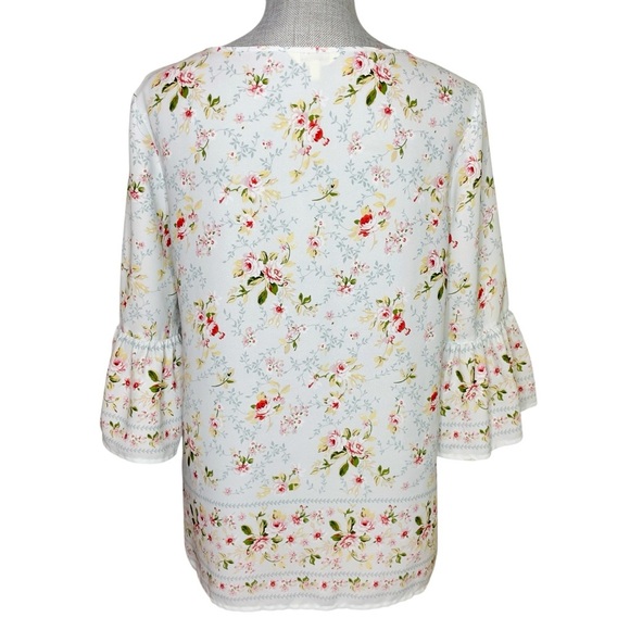 Max Studio Blouse Womens Size S Blue Floral 3/4 Bell Sleeves Lightweight Sheer - Picture 4 of 11